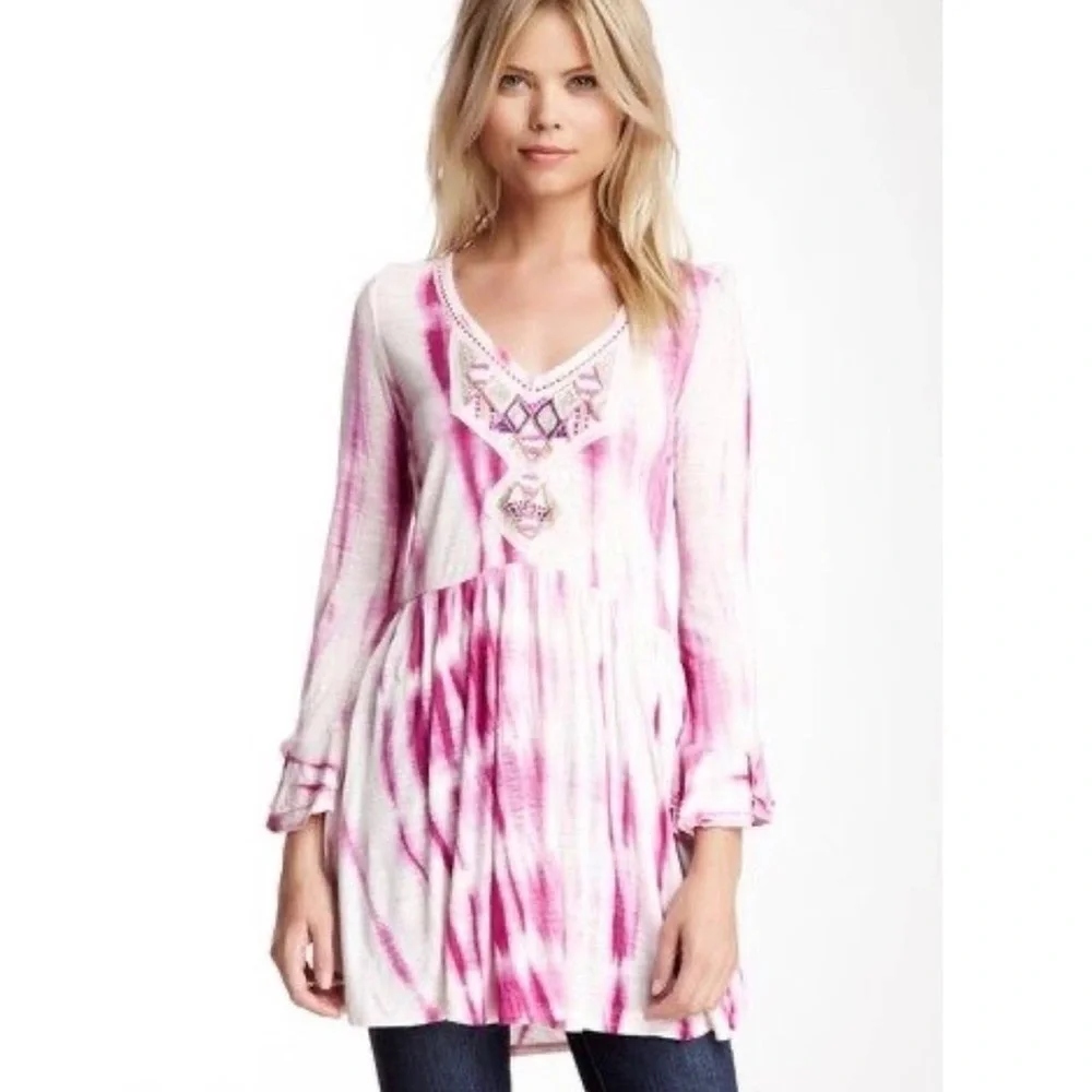 Free People Summer Nights Pink Tie Dye Embellished Tunic - Size Large